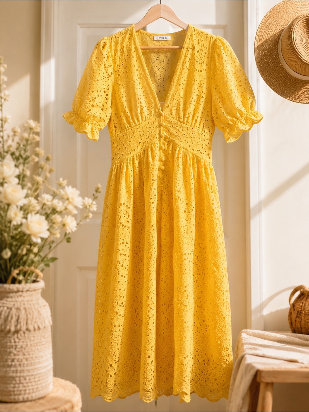 Bright Yellow Eyelet Midi Dress with Button-Front Detail